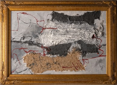 Abstract Mix Media Collage on Canvas Signed Illegibly