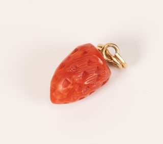 Gold Victorian Carved Red Coral Strawberry Pendant