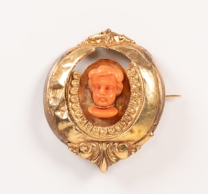 14k Gold Hand Carved Red Coral Watch Pendant Brooch