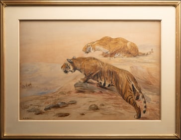 Cuthbert Edmund Swan (1870-1931) Hunting Tigers Watercolor