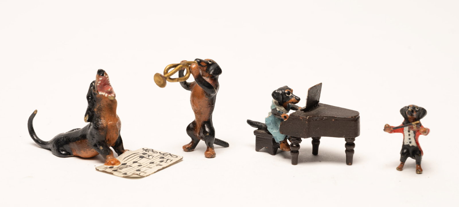 Franz Xavier Bergman ( Austria 1838-1894) Austria Vienna Bronze Dachshund Orchestra Figurine (1 of 6)