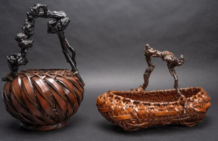 Japanese Hanakago Hand Woven Bamboo Ikebana Flower Basket W Twig Handle Collection