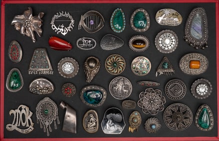 Large Judaic Sterling Silver Brooch Collection Bezalel Hizme Palestine Yemenite Malachite Coral