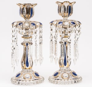 19th c. Baccarat France "Medallion" Luster Candlestick Pair