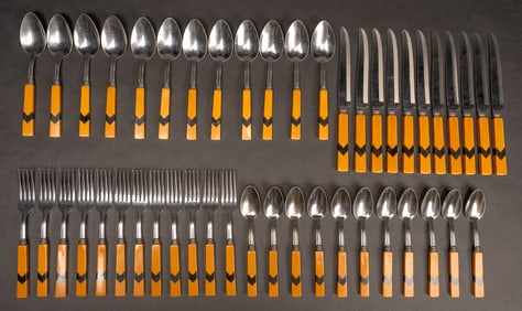 Art Deco Butterscotch & Green Bakelite Flatware Service for 12