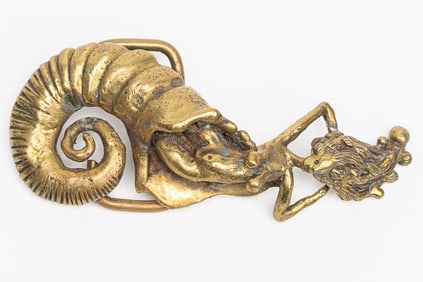 1970s Carl Tasha ( America 1943-2006) Gilt Bronze Sculptural Siren Mermaid Belt Buckle
