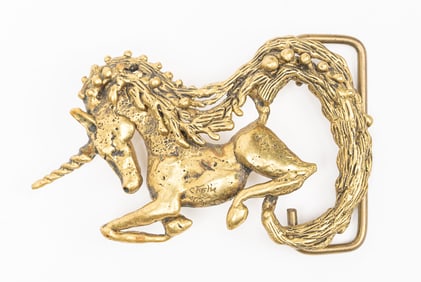1970s Carl Tasha ( America 1943-2006) Gilt Bronze Sculptural Unicorn Belt Buckle