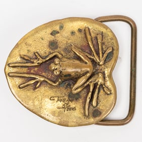 1970s Carl Tasha (American 1943-2006) Gilt Bronze Sculptural Frog On Lilly Leaf Belt Buckle