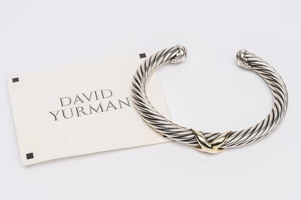 David Yurman 14k Gold Sterling Silver X Cable Cuff Bracelet Signed