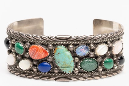 Richard Begay ( Navajo 1942 2013) Native American Wide Sterling Silver Multi Stone Cuff Bracelet