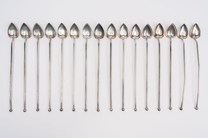 Wallace Art Deco Sterling Silver "Heart" Cocktail Straw Spoon Set of 16 Barware