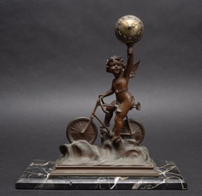 19th c. Henri Godet ( French 1863-1937) Figural Bronze Desk Clock Cupid on Bicycle Signed