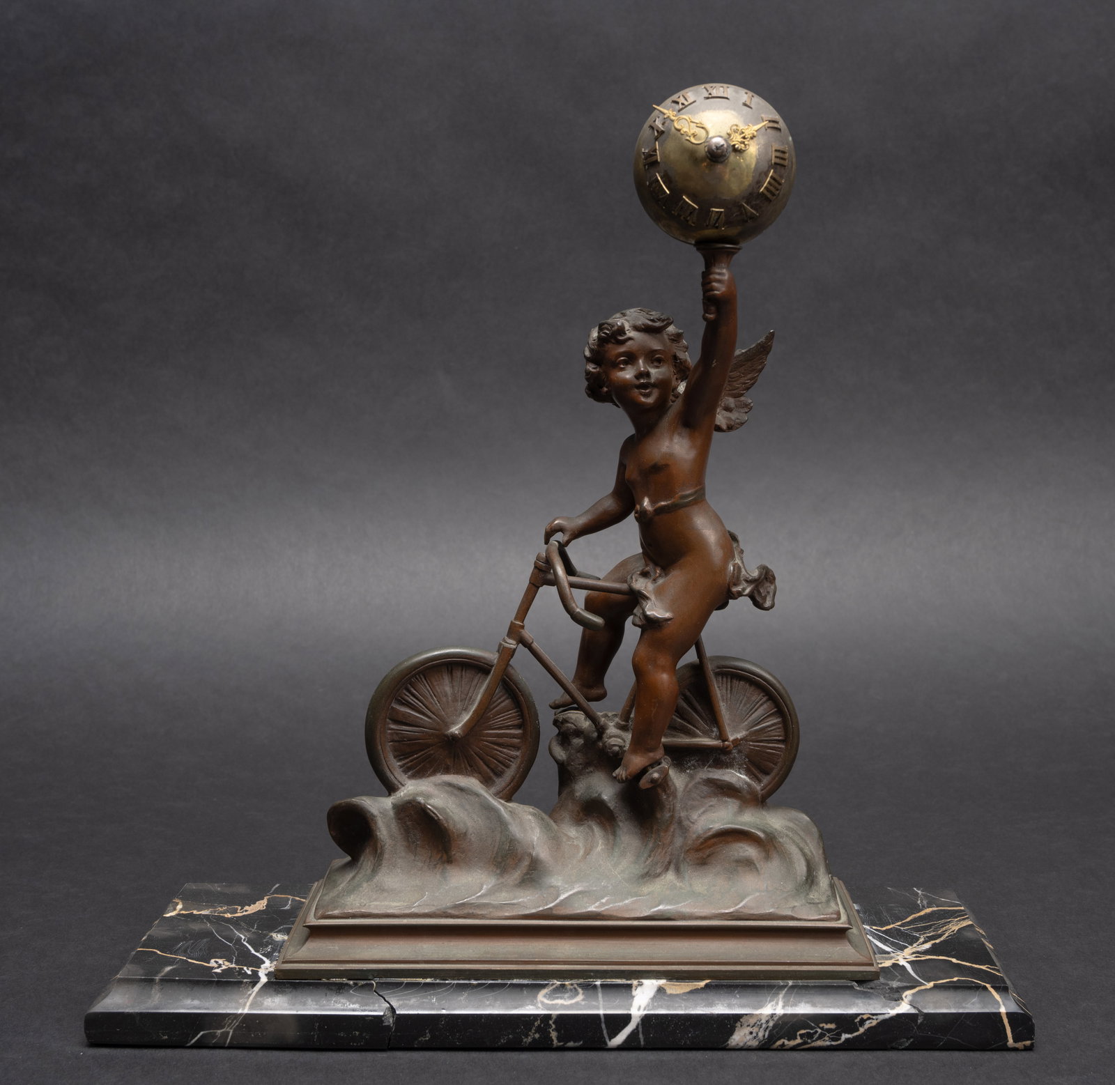 19th c. Henri Godet ( French 1863-1937) Figural Bronze Desk Clock Cupid on Bicycle Signed (1 of 13)