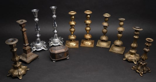 19th c. Polish Warsaw Judaic Etrog Box Sabbath Candlestick Collection 11Pcs