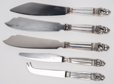 Georg Jensen ( Danish 1866-1935) "Acorn Pattern Sterling Silver Server Flatware Collection
