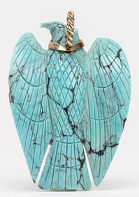 14k Gold & Turquoise Navajo Native American 3D Carved Eagle Pendant