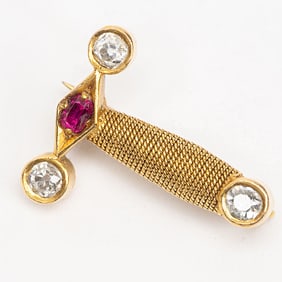 18k Gold Diamond Ruby Brooch Sword Handle