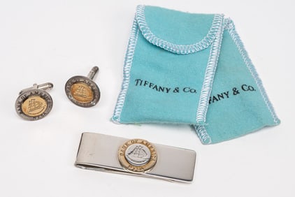 Tiffany & Co 18k Gold Diamond Sterling Silver Nautical "USS Portsmouth" Cufflinks & Money Clip