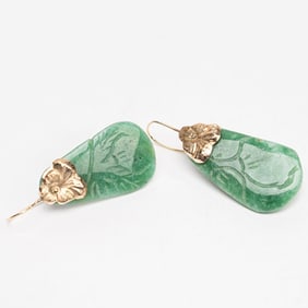14k Gold & Jade Chinese Dangle Earrings Pair