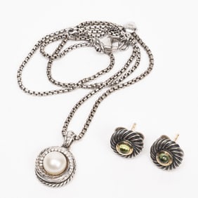 David Yurman 14k Gold Sterling Silver Cookie Stud Earrings & Sterling Pearl & Diamond Necklace