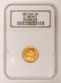 Russian Empire 1902 5 Rouble Uncirculated Gold Coin MS66 NGC Nicholas II Last Tsar