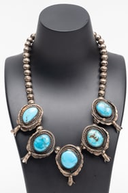 Navajo Native American Sterling Silver Kingman Turquoise Squash Blossom Necklace