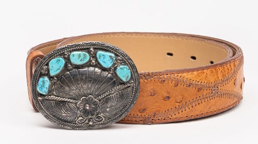 Delbert Chatter Navajo Sterling Silver Turquoise Buckle With Ostrich Leather Belt Signed