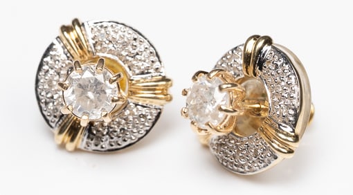 14k Gold 1.20ct Round Cut Diamond Stud Earrings Pair w/ 14K White & Yellow Diamond Jackets