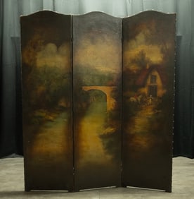 19th c. English Screen Oil Painting on Leather Landscape Fox Hunt Scene