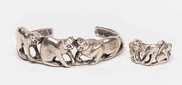 Ted Ott Navajo Native American 'Cat Family'' Sterling Silver Cuff Bracelet Ring Collection