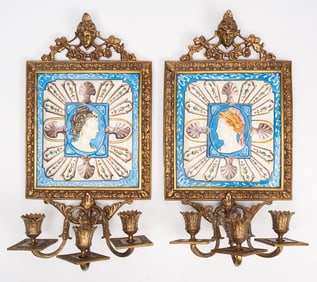 19th c. Tiffany & Co Makers Gilt Bronze Candle Sconce w/ Montereau Earthenware Tile Pair