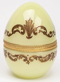 French Victorian Gilt Satin Green Opaline Uranium Glass Egg Vanity Box