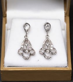 14k White Gold Multi Diamond Dangle Art Deco Earrings
