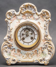 19th c.Marti & Cie French Cupid Hand Painted Porcelain Mantel Clock