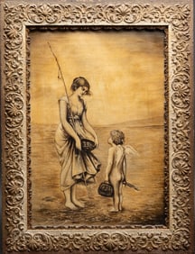 Jean Ernest Aubert ( French 1824-1906) "Fishing For Love" Oil on Canvas