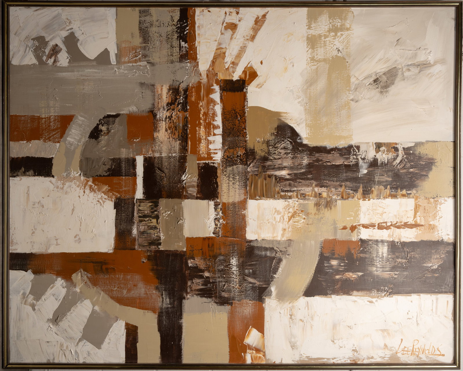 Lee Reynolds ( America 1936-2017) MCM Abstract Oil on Canvas: Lee Reynolds ( American 1936 - 2017 ) MCM Abstract Oil on Canvas Signed Lower Right Framed: 61 1/8"L 41 1/4"H Art: 59 5/8"L 47 5/8"H In Overall Good Condition Please look at Photos Closely Out of a Ne