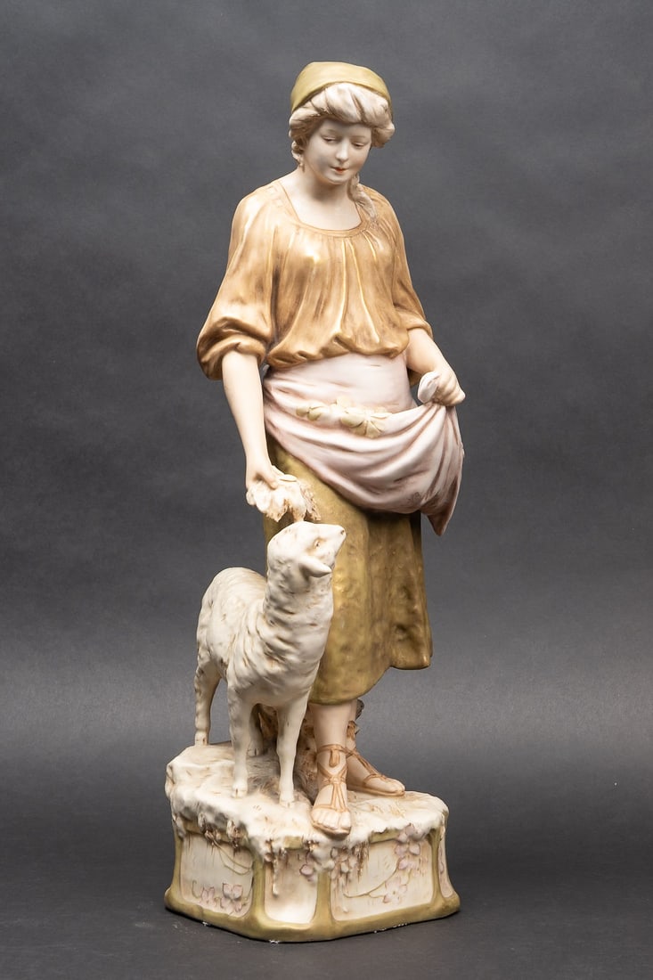 19th c. Royal Dux Bohemia Czechoslovakia "Shepherdess" #1116 Ceramic Sculpture: 19th Century Royal Dux Duxer Porzellanmanufaktur Bohemia Czechoslovakia " Shepherdess " # 1116 Porcelain Statue Figural Figure Hand Made Depicting Woman with Sheep and Flowers Marked to Underside Inte