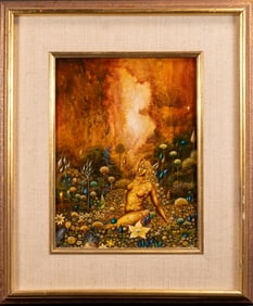 Avi Adler ( Israel b. 1955-) Surrealist Landscape Oil on Board Judaica Nude Erotic