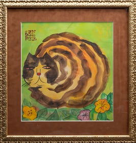 Walasse Ting ( Chinese / America 1929-2010) Cat Acrylic & Watercolor