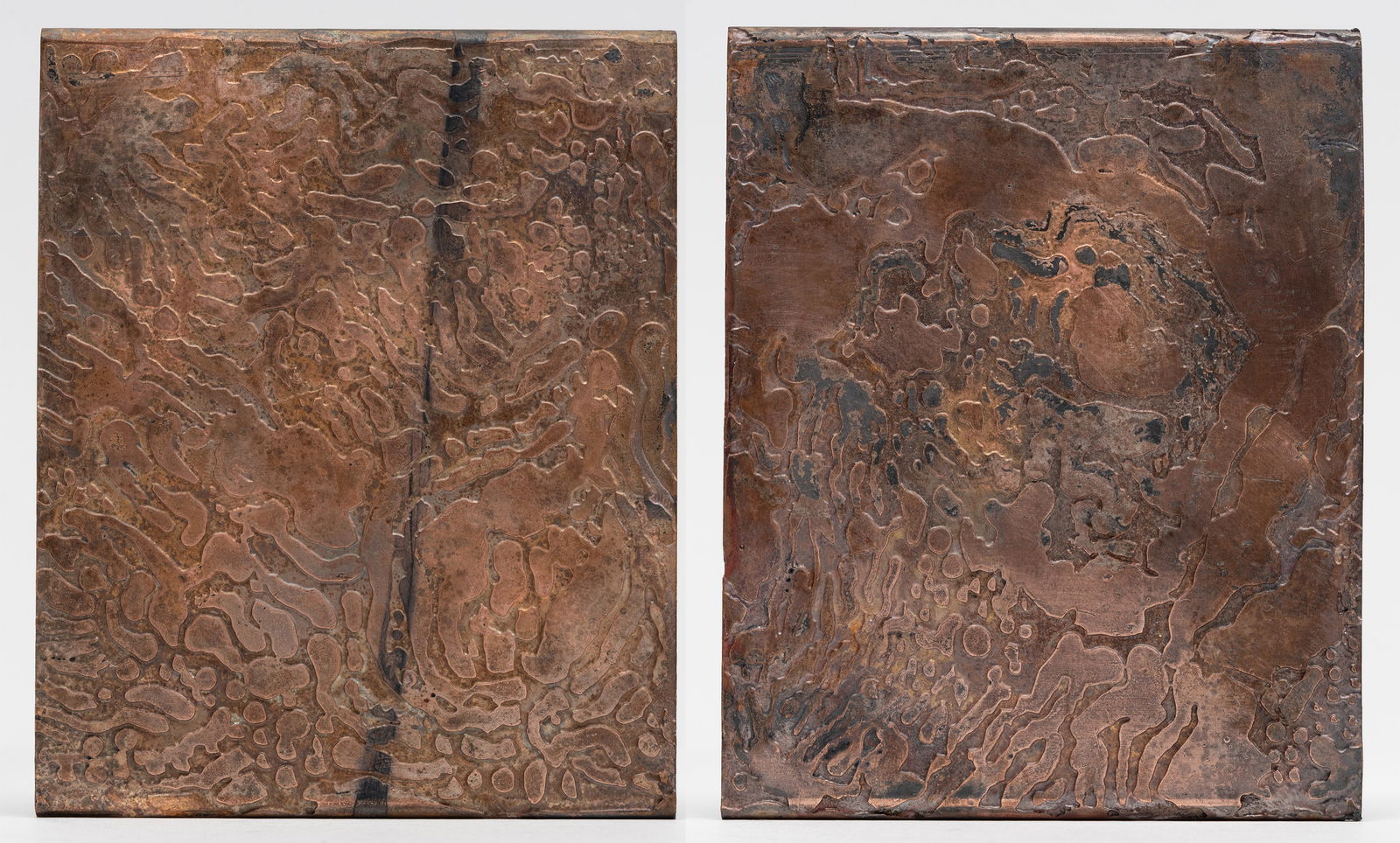 Pierre Sabatier Variegated Copper Tile Plate Isamu Pair Signed: Pierre Sabatier Variegated Copper Tiles Plates Pair Noguchi Style Each Engraved to Reverse: " P. Sabatier " Approx: 5" H 4" W Pierre Created Approximately 300 Large-Scale Metal Works Worldwide Seamles