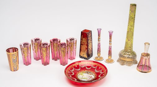 Moser Czechoslovakia Art Glass Gilt Tableware Collection