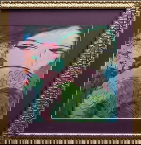 Walasse Ting ( Chinese America 1929-2010) "Beauty with Fan" Acrylic & Watercolor Painting