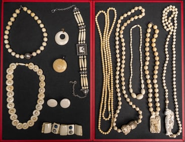 Carved Jewelry Collection Bangle Necklace Sterling Netsuke etc 23pc