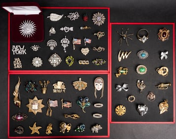 Costume Jewelry Brooch Collection Signed 60pc