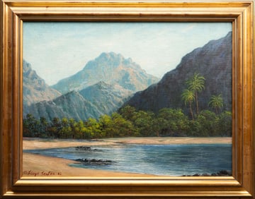 Lloyd Sexton Jr ( America 1912-1990) Oil on Canvas Board " Mountains And Lake Hawaii "