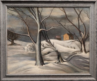 Charles Bowling ( America 1891-1985) "Snowy Night" Oil Canvas on Board Signed