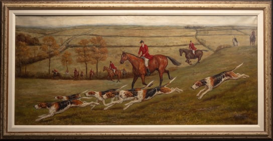 Michael Lyne ( British 1912-1989) Fox Hunt Scene Large Oil on Canvas Signed