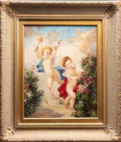 19th C Cherubs & Flowers Of Enchantment Oil On Canvas