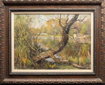 Wayne Morrell (American 1923-2013) Fisherman On A River Oil On Canvas Signed