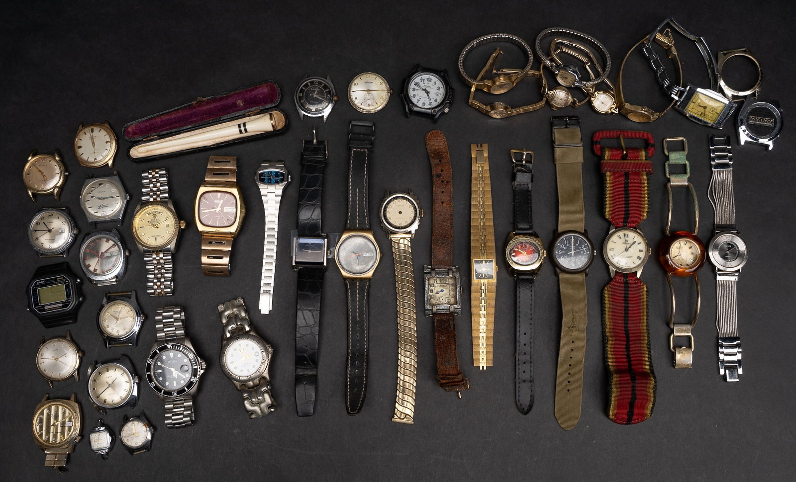 Vintage Wrist Watch & 8k Gold Coral Pipe Hamilton Cal 732 Gruen 10K GF Swatch Bulova Military Etc: Vintage Wrist Watch Lot of Over 38 Wristwatches & Cased Coral Pipe Cigarette Holder with 8K Yellow Gold Border Marked to Border: "333"(8K) and to Case: "Made in Austria" Including: Hamilton Geneve Cal